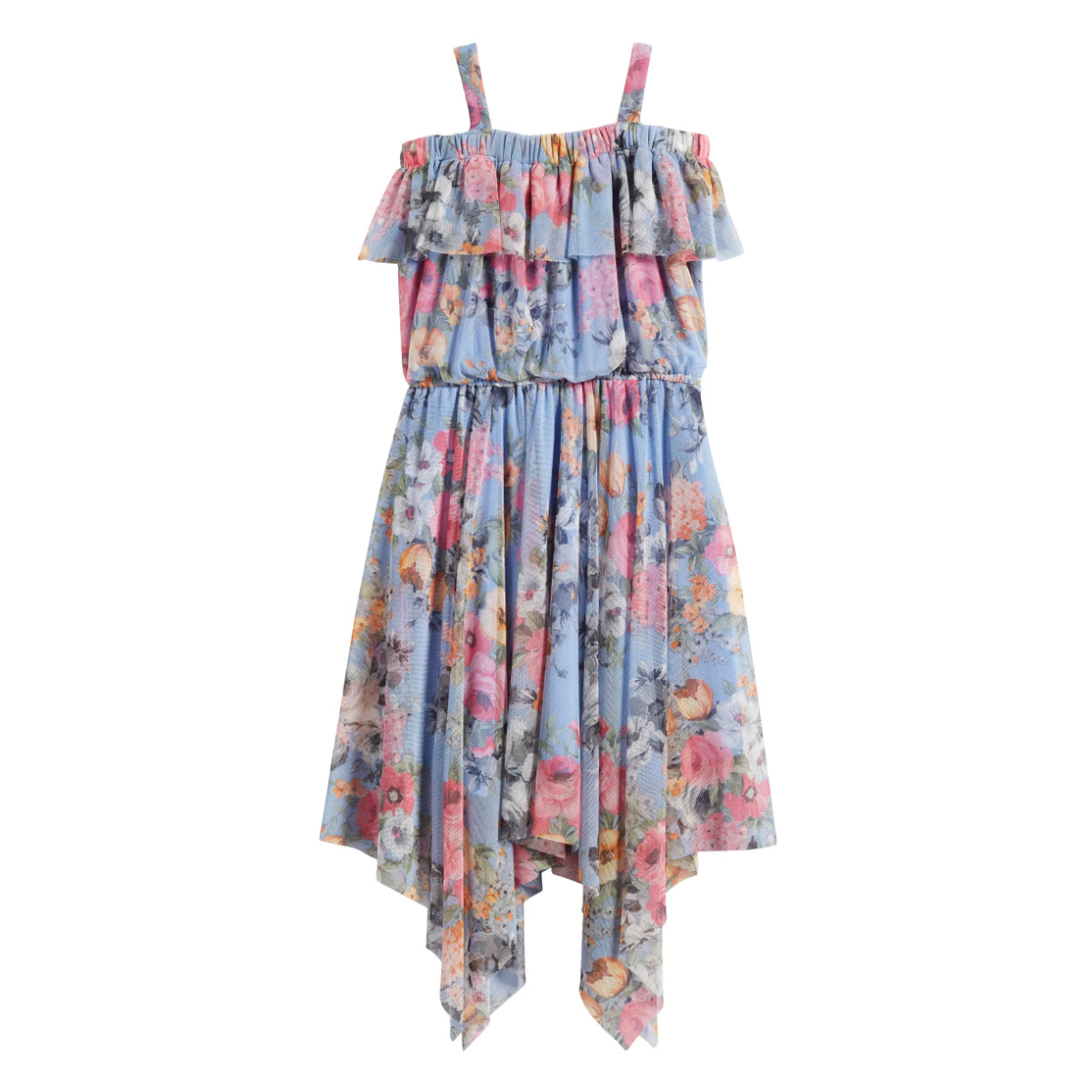 Tween Floral Cold Shoulder Handkerchief Hem Dress