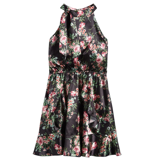 Tween Mock Neck Printed Satin Dress