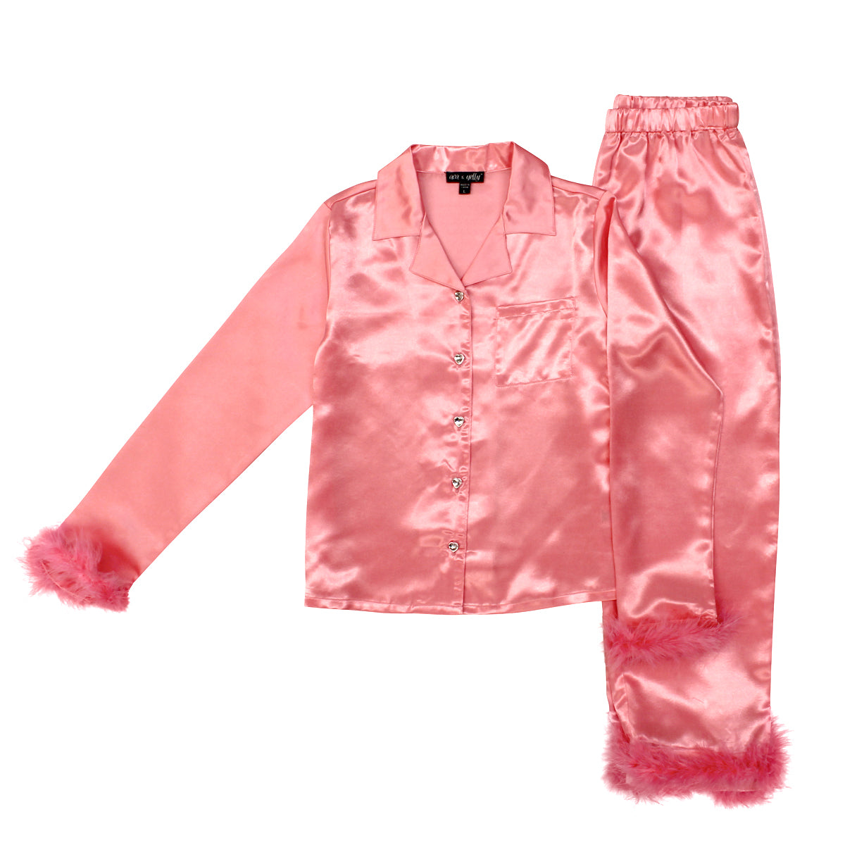 Tween Faux Fur Trim Satin Pajamas